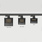 Three black Fenley track lights with different rectangular LED faces and wattage labels