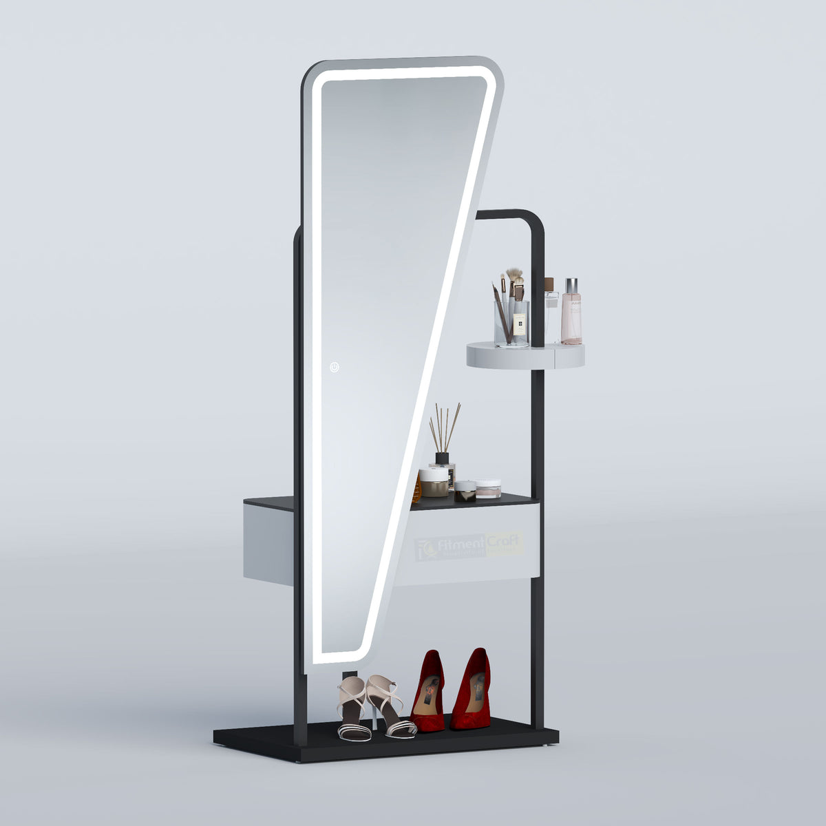 Triangle dressing mirror with white drawer, cosmetics tray and shoes on the base