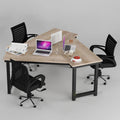 Triangular Triumph workstation with laptop screens, white dividers and three black chairs