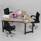 Triangular Triumph workstation with laptop screens, white dividers and three black chairs
