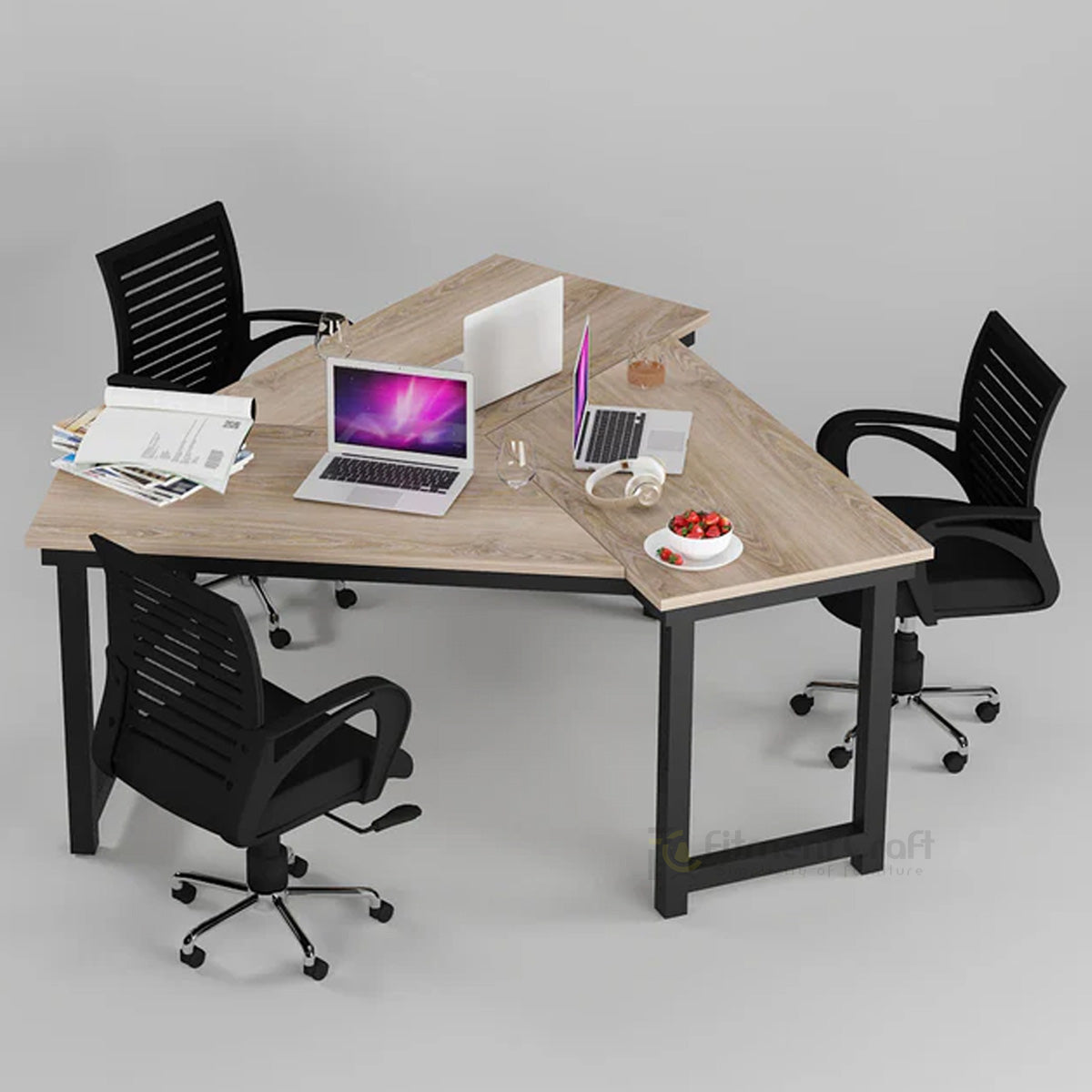 Triangular Triumph workstation with laptop screens, white dividers and three black chairs