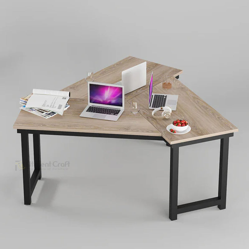 Triumph workstation with light desktops and white dividers, overhead angled view