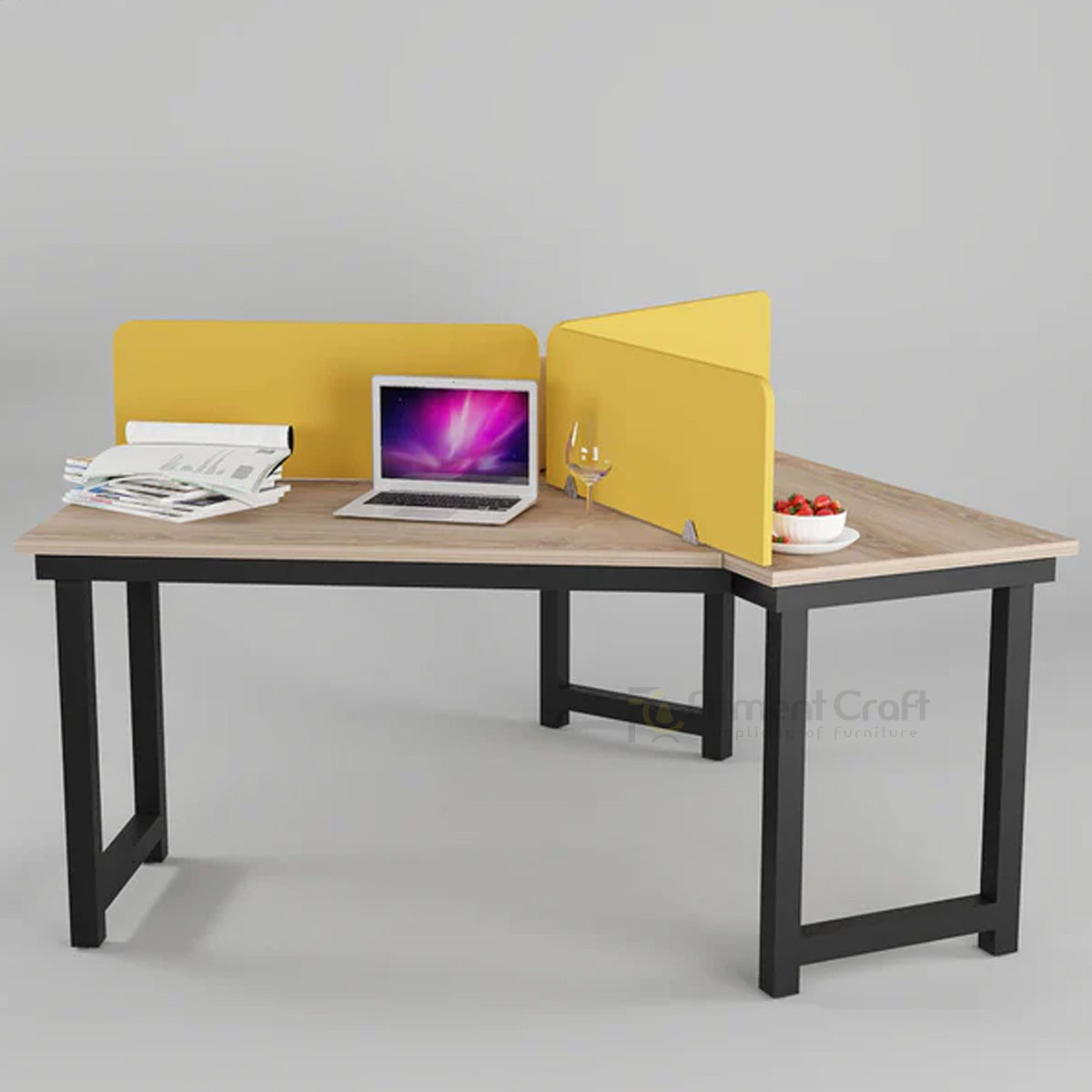 Triumph workstation with light desktops, yellow dividers and black frame