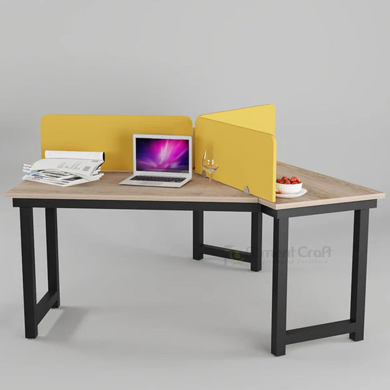 Triumph workstation with light desktops, yellow dividers and black frame
