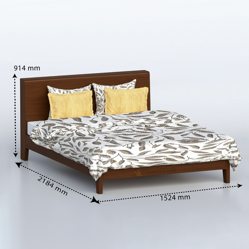 Brown Twilight bed with patterned bedding and dimension annotations