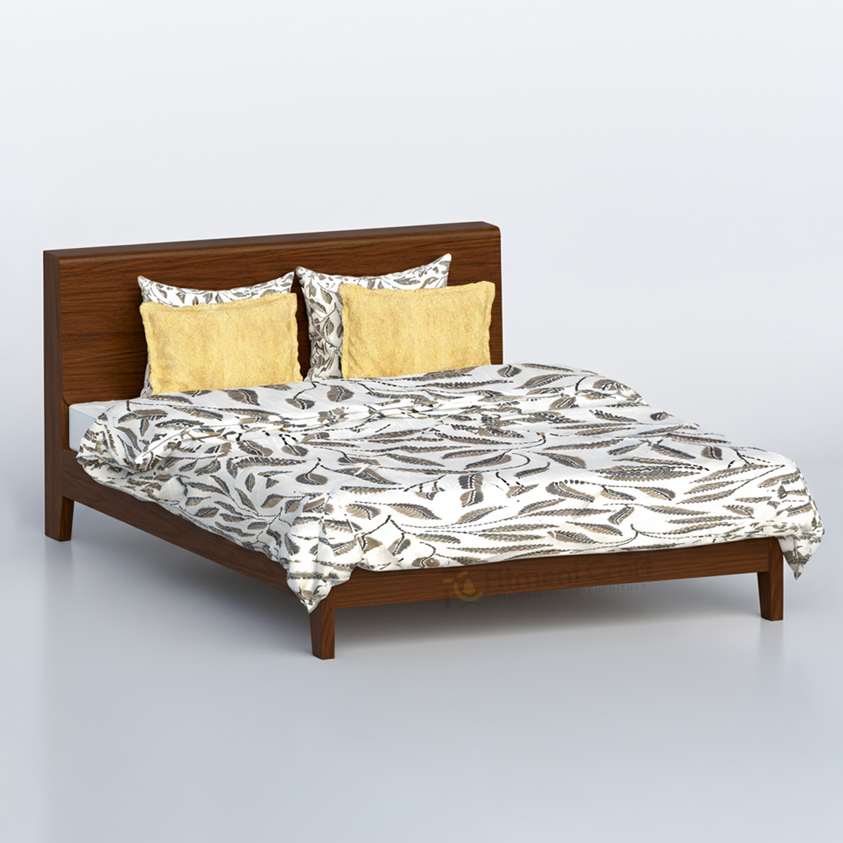 Brown Twilight bed with patterned bedspread and yellow pillows