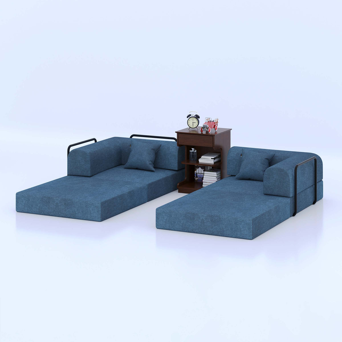 Blue Twix sofa bed split into two extended loungers beside a shelf table