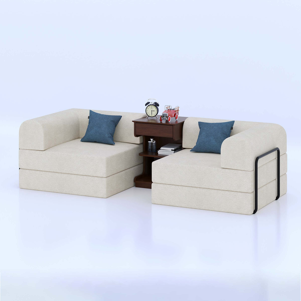 Cream Twix sofa bed split into two chairs beside a central shelf table