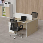 Two-person face-to-face workstation with pale wood-tone panels and white central divider