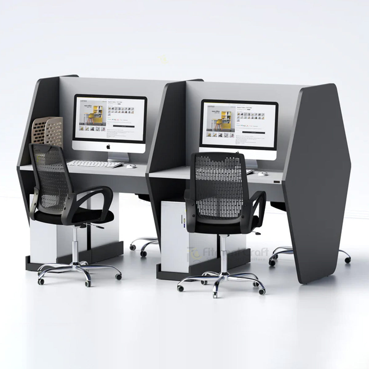 Unify workstation with tall dark side panels, white dividers, monitors and black chairs