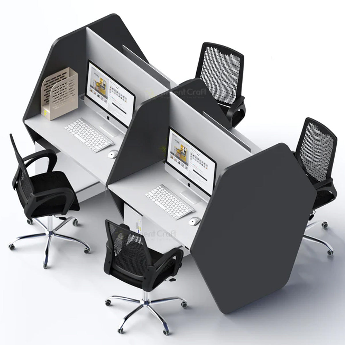 Overhead view of Unify workstation with dark tall dividers, four desks and black chairs