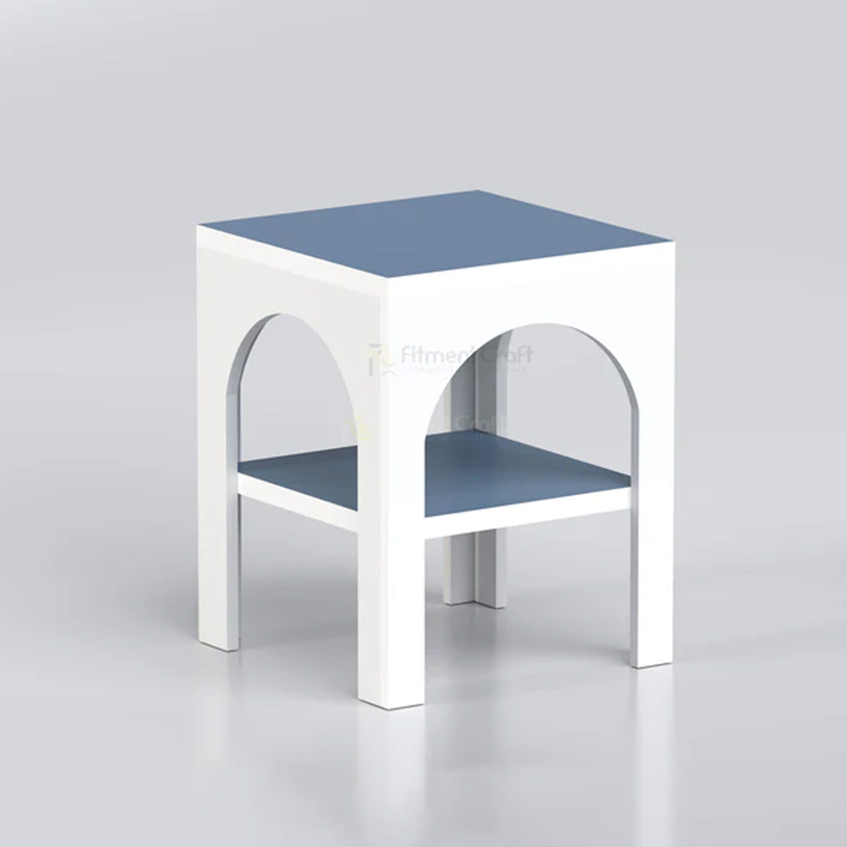 White Vacy side table with blue top, lower shelf and arched side openings
