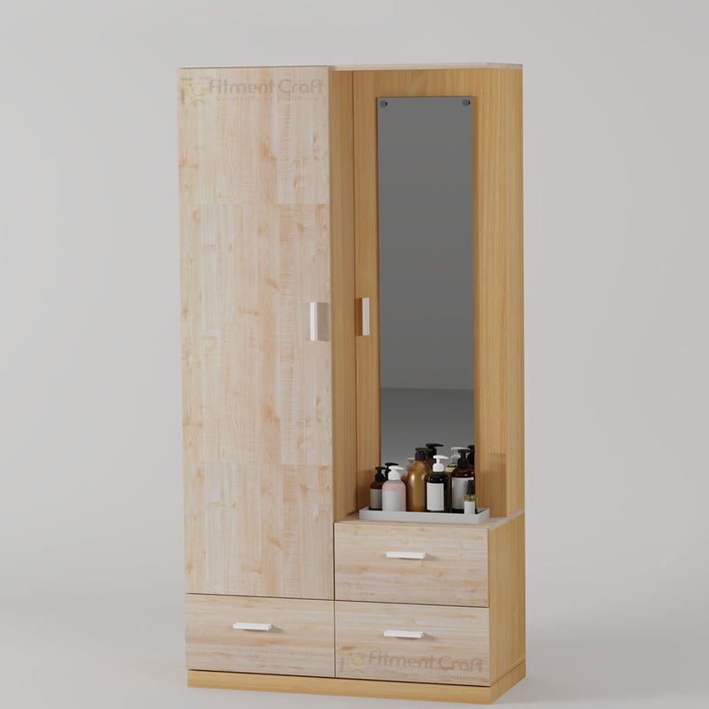 Pale wood-tone Vanity Fair dressing cabinet with tall mirror and lower drawers