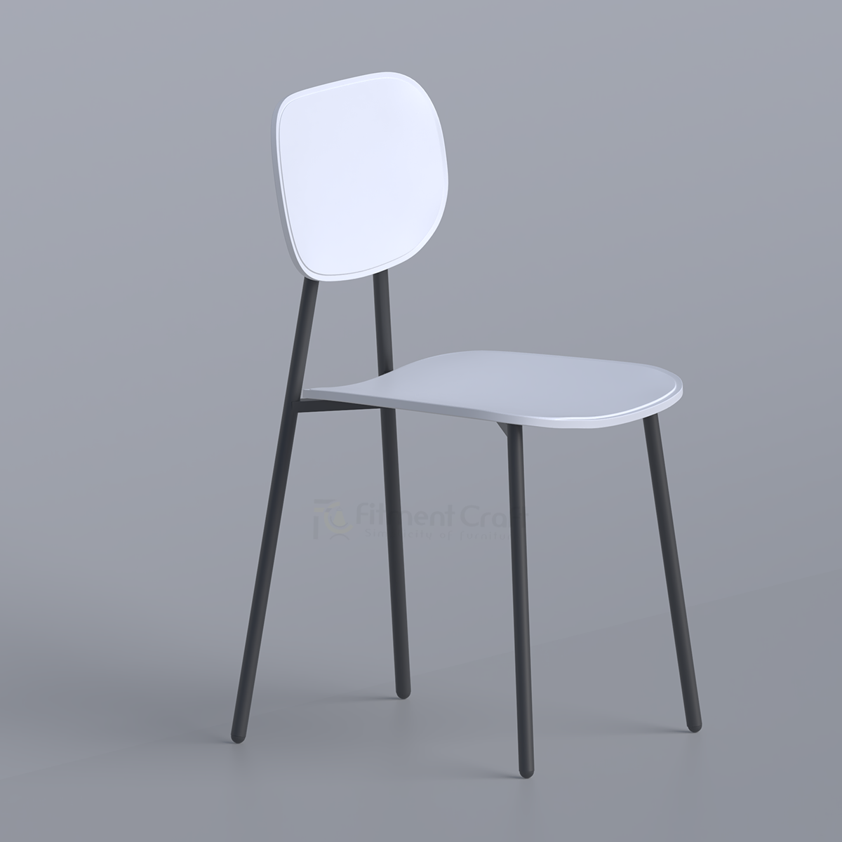 White Velin chair with rounded seat and back on four dark legs