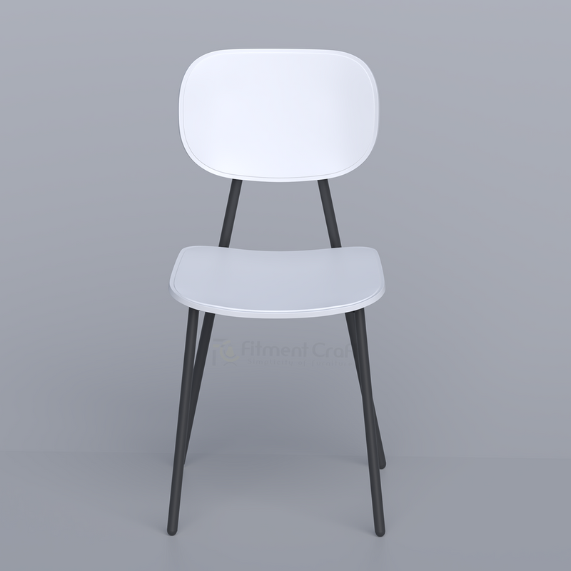 White Velin chair with rounded back and dark legs, front view