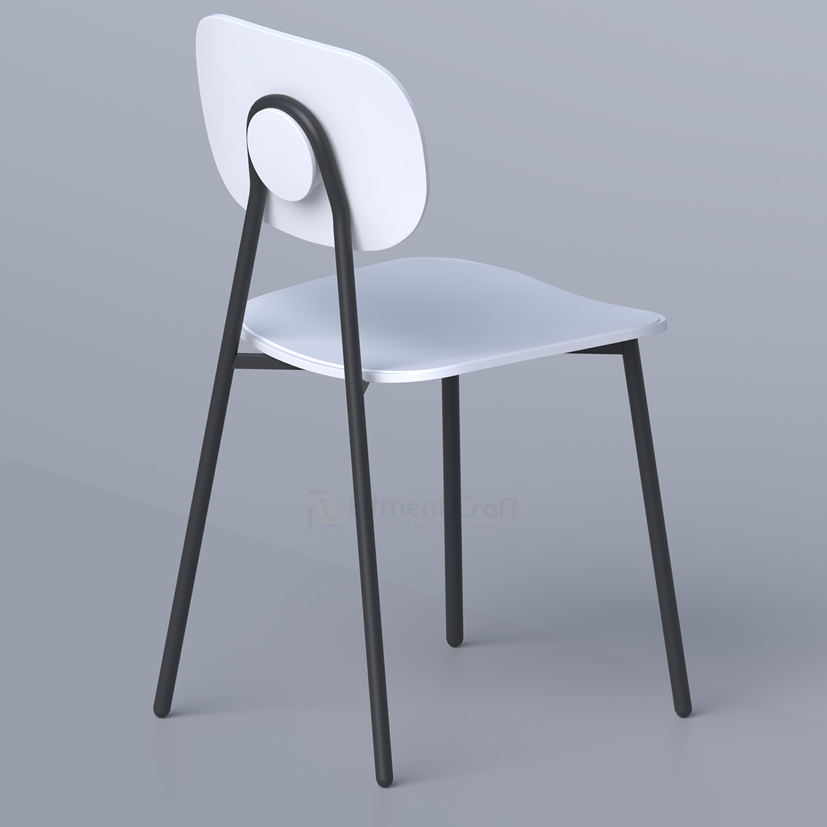 Rear angled view of white Velin chair showing curved back support and dark legs