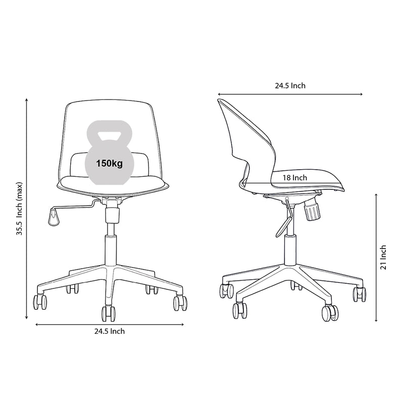 Vento adjustable chair dimension diagram indicating 24.5-inch width and depth, 35.5-inch maximum height and 150 kg capacity.
