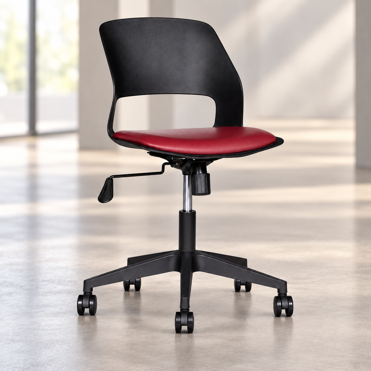 Vento adjustable visitor chair with black cut-out back and maroon seat, full chair framed closely in an AI-generated office.