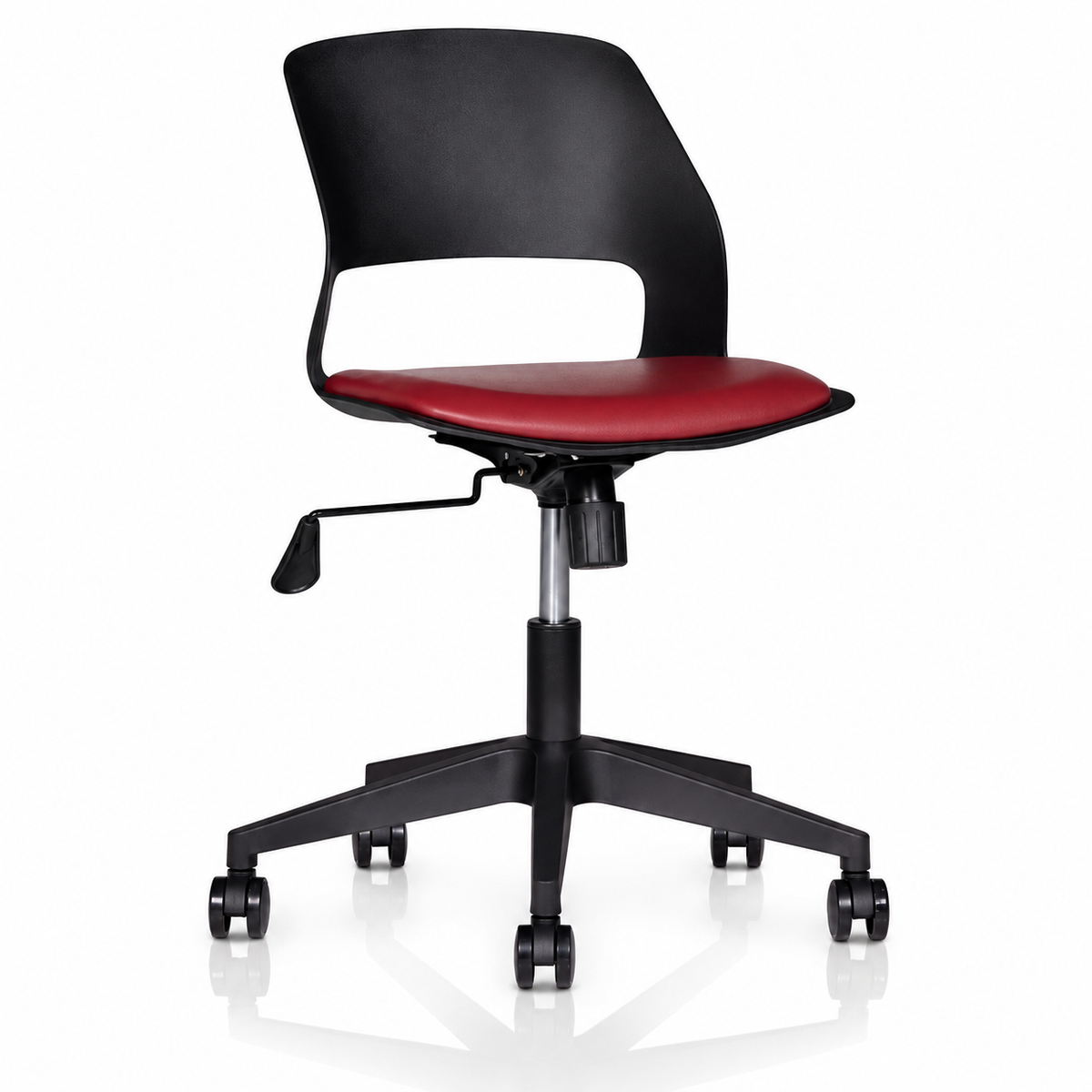 Vento adjustable visitor chair with a black cut-out back, maroon padded seat and five-castor base. AI-assisted reframing.