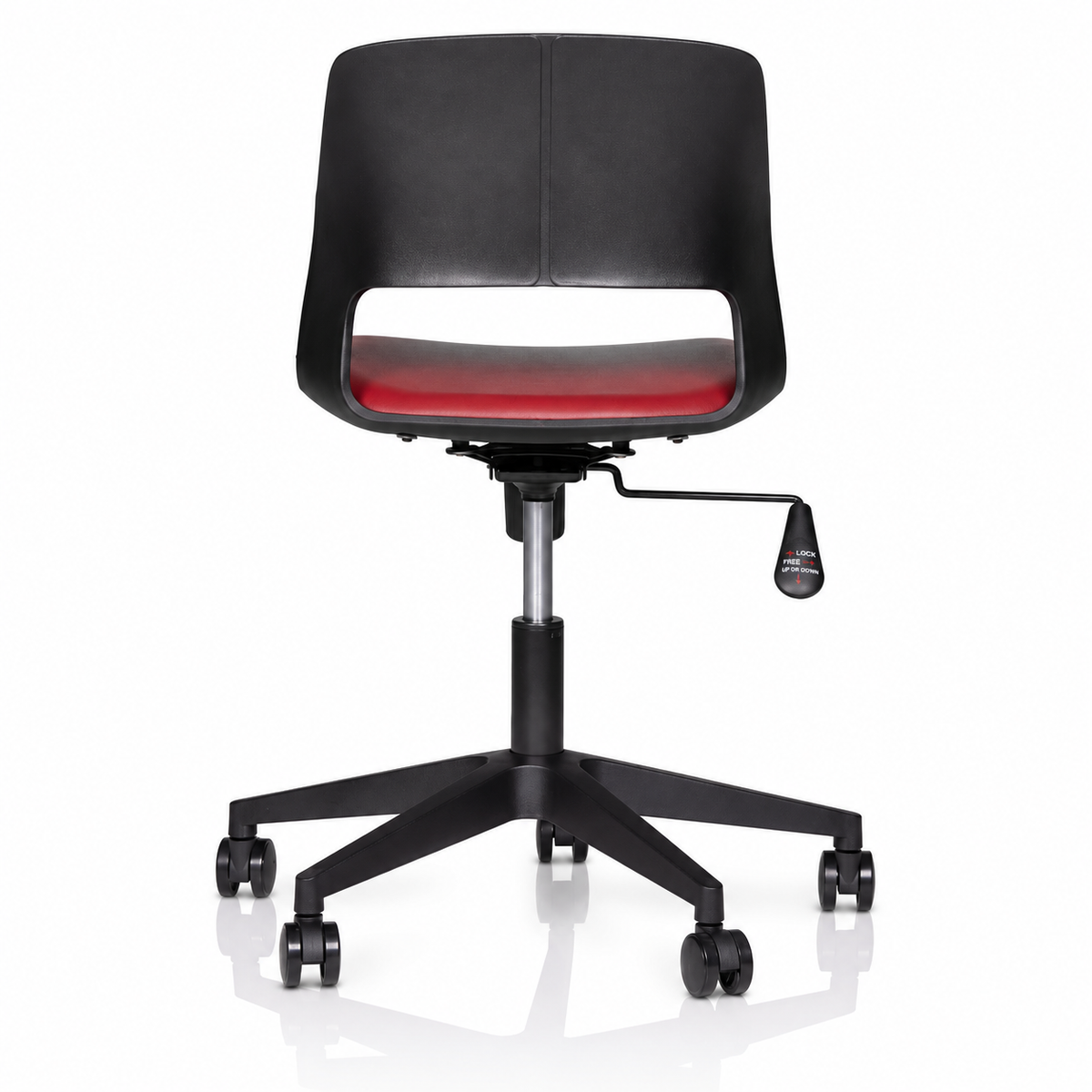 Rear view of Vento adjustable visitor chair with lower back cut-out and black caster base. AI-assisted reframing.