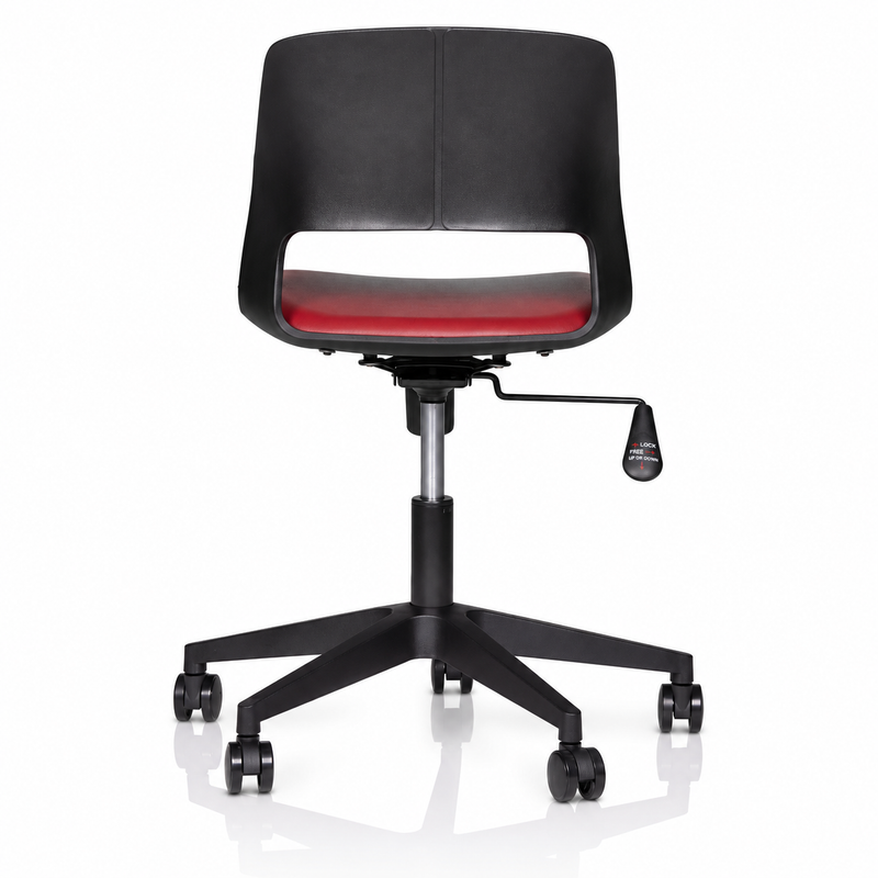 Rear view of Vento adjustable visitor chair with lower back cut-out and black caster base. AI-assisted reframing.
