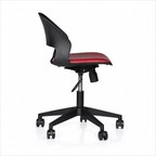 Side view of Vento adjustable visitor chair showing curved back and five-spoke wheeled base. AI-assisted reframing.