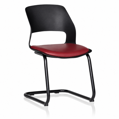 Vento cantilever visitor chair with black cut-out back, maroon upholstered seat and black sled base. AI-assisted reframing.