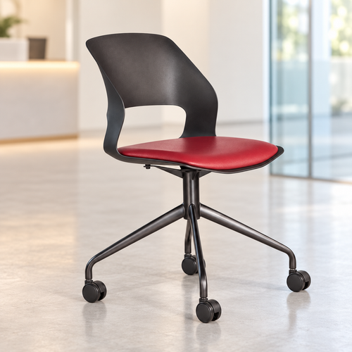 Vento castor visitor chair with maroon seat, black cut-out back and four caster legs in a softly blurred AI-generated office reception.