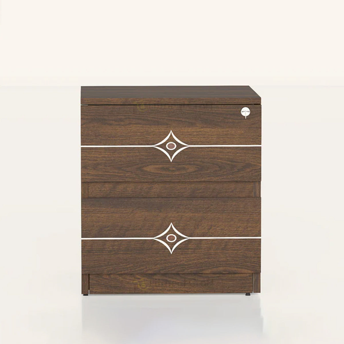 Brown Victorian bedside table with two drawers and pale decorative diamond patterns