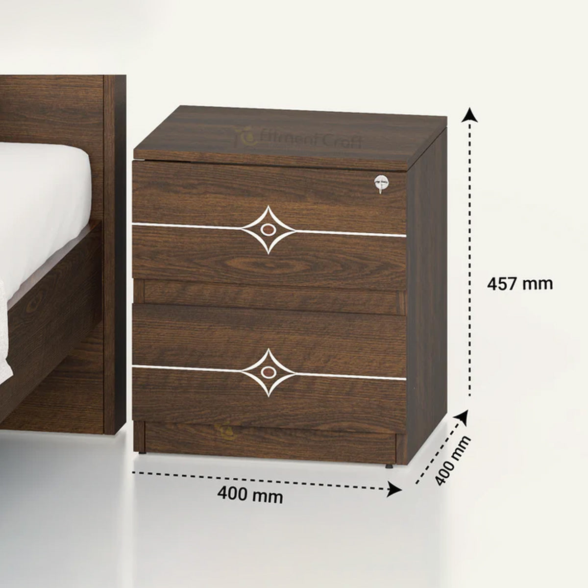 Brown Victorian bedside table with decorative drawer fronts and dimension annotations