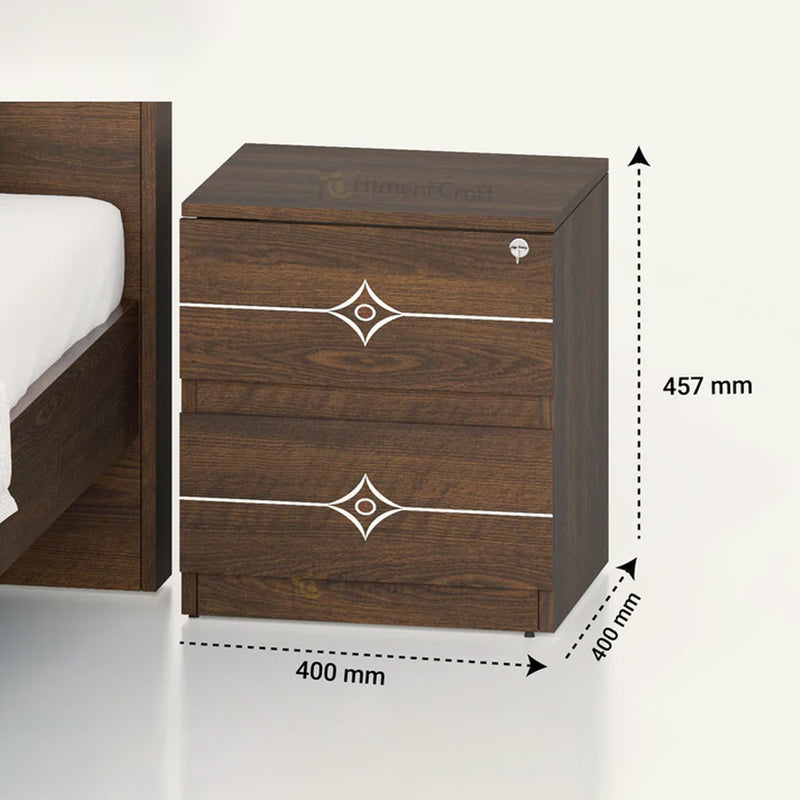 Brown Victorian bedside table with decorative drawer fronts and dimension annotations