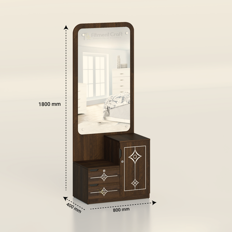 Brown Victorian dressing cabinet with tall mirror and dimension annotations
