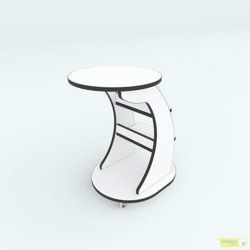 Wagon center table in white with black edging, curved side panels and caster wheels, rear angled view