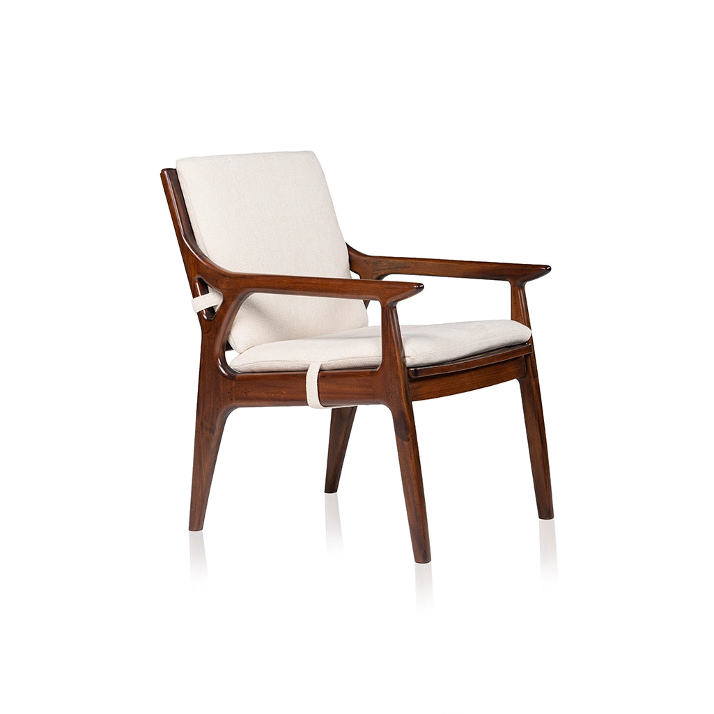 Walden single seater sofa with a brown wooden frame, cream seat and back cushions, and curved armrests, viewed at an angle.