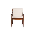 Front view of the Walden single seater sofa with cream cushions, narrow wooden arms, and a brown wooden frame.