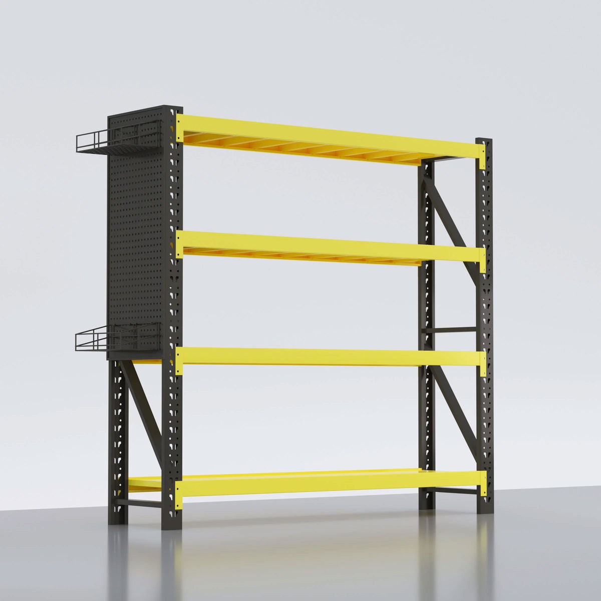 Black Walt industrial rack with yellow shelf beams and side baskets