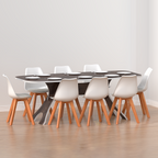 Wasabi dining table with dark top, angled legs and white chairs