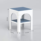 White and blue Vacy side table with arched openings and dimension arrows