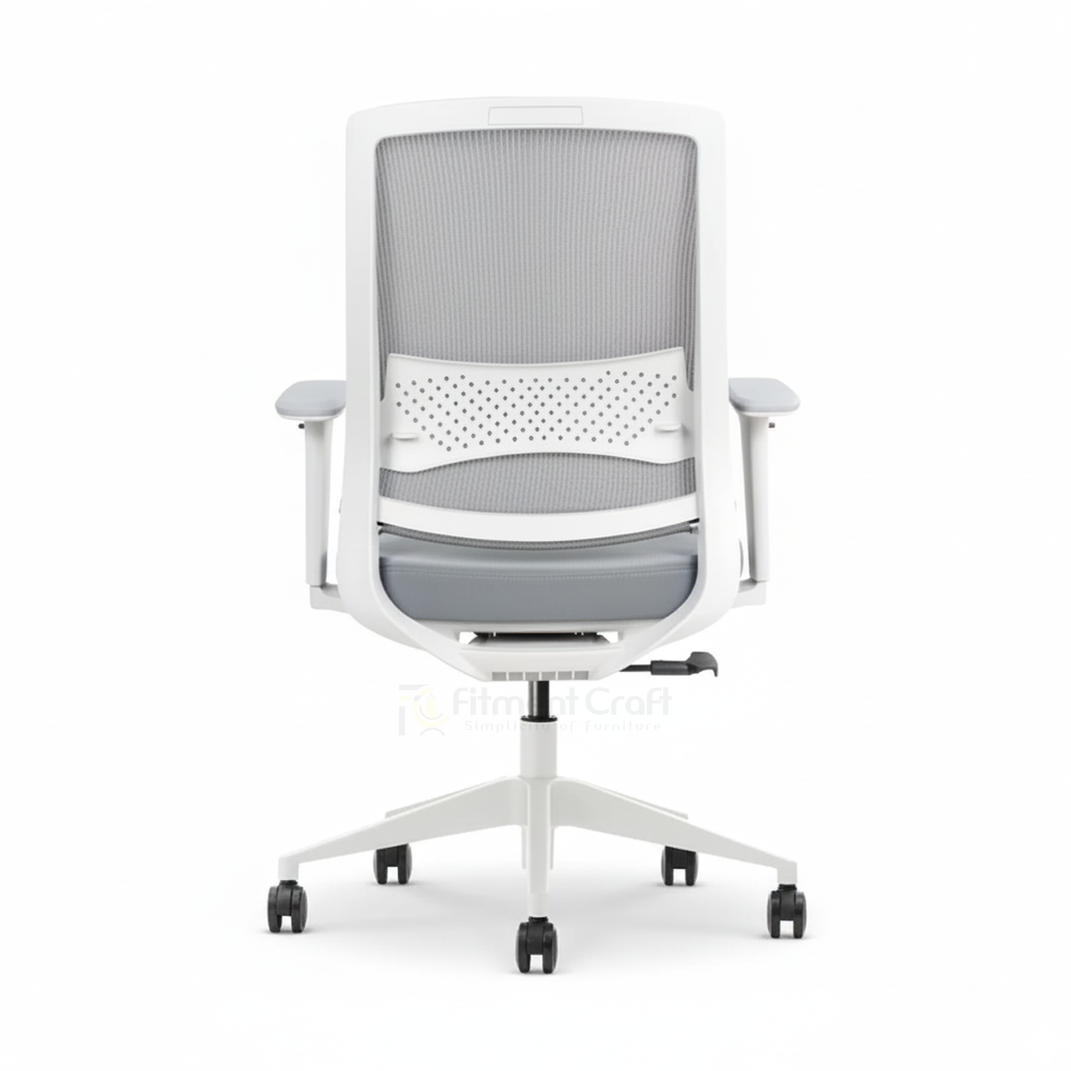 White and grey Patio office chair rear view with mesh back and wheeled base