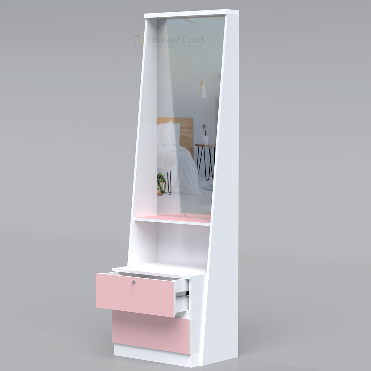 White and pink Shine dressing table angled view with upper drawer open