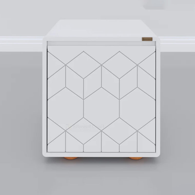 White Astro bedside cabinet front view with geometric door pattern