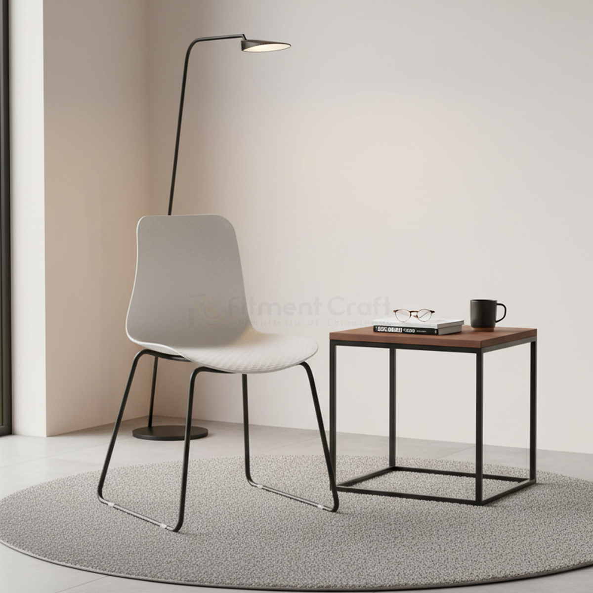 White Cathedra chair with black sled legs beside a side table