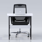 White Sleek table with black legs, laptop and black office chair