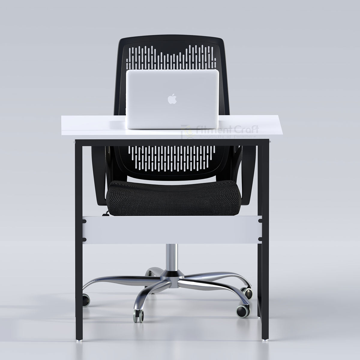 White Sleek table with black legs, laptop and black office chair