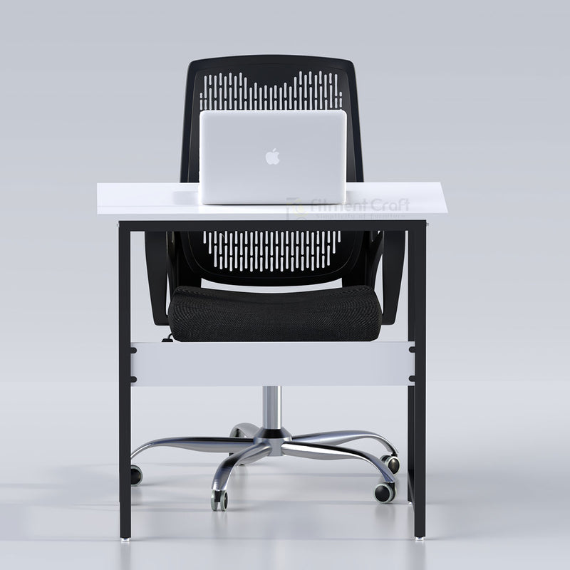 White Sleek table with black legs, laptop and black office chair
