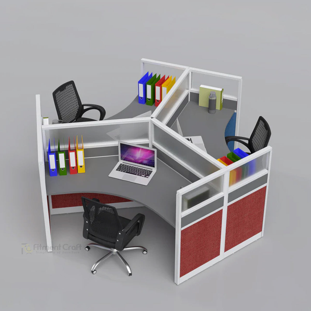 WorkForge three-person workstation with grey tops, white frames and red panels