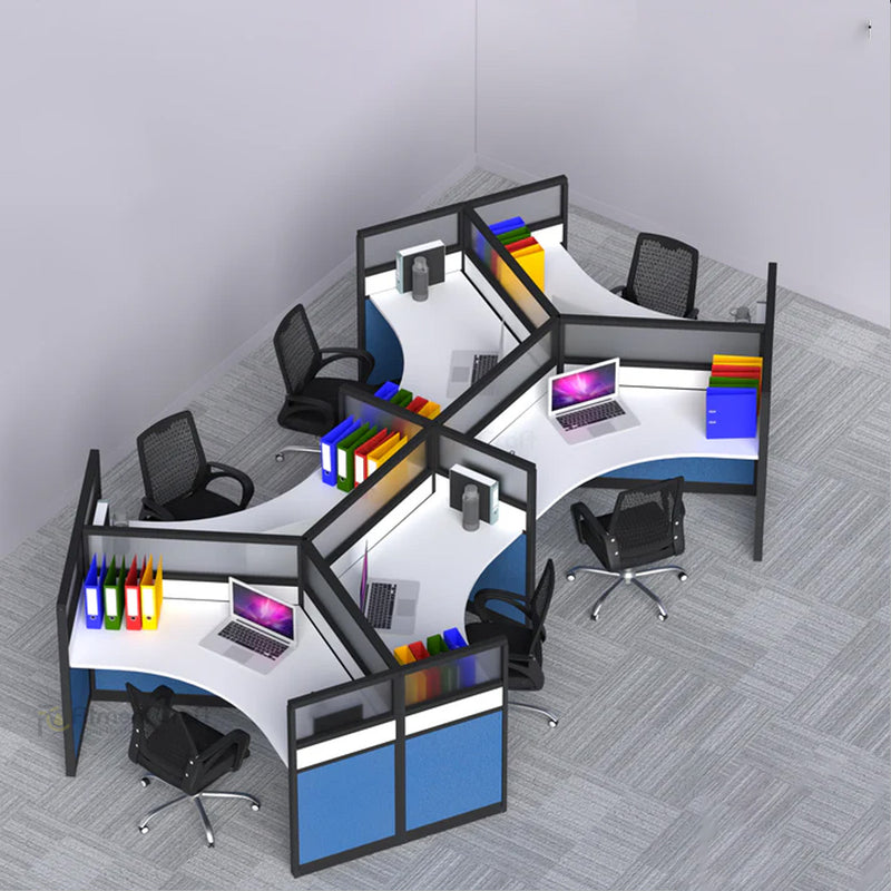 WorkForge workstation cluster overhead view with blue panels and black chairs