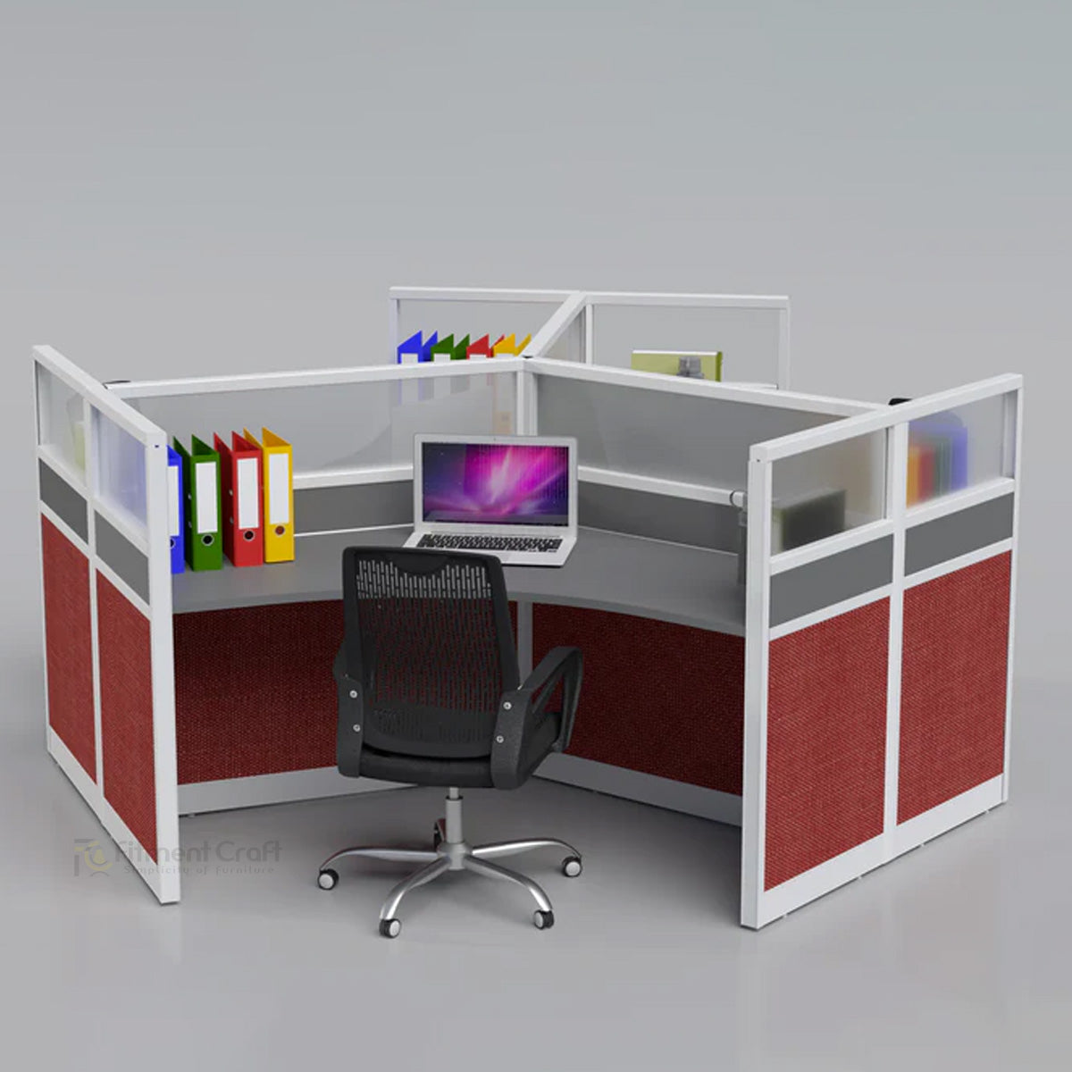 WorkForge workstation with grey tops, white frames and red lower panels