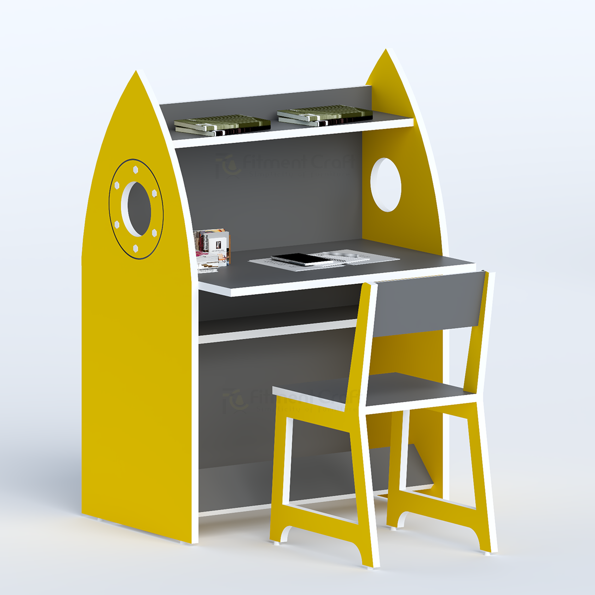Yellow and grey Rocket study desk with shelves and matching chair