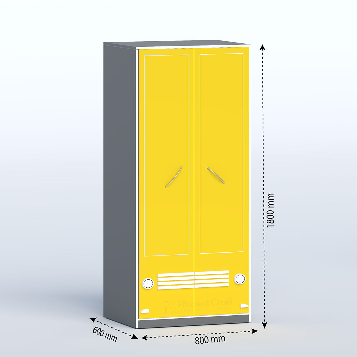 Yellow Carino almirah with grey side panel and dimension arrows